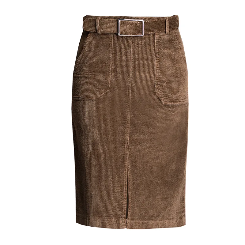 3XL осень зима Вельветовая юбка миди для женщин Высокая талия с разрезом на поясе офисные юбки для девушек солидные официальные юбки размера плюс - Цвет: Brown