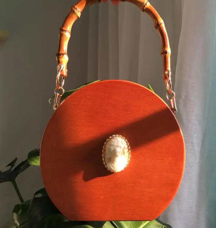 Новинка, Бамбуковая сумка для женщин, ручная работа, деревянные для сумок, Женская круглая сумка на цепочке, сумки через плечо, дизайнерские брендовые сумки - Цвет: brown