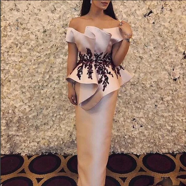 Elegant Muslim Evening Dresses Long 2019 Floor Length Straight Ruffles Appliques Satin Arabic Dubai Evening Gowns For Women