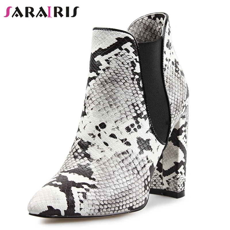 

SARAIRIS Pointed Toe Footwear Female BootPrint Snake Pu Women Ankle Boots Thick High Heels Party Shoes Women 2019 New Winter