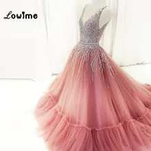 Женское платье для выпускного вечера длинное розовое с глубоким