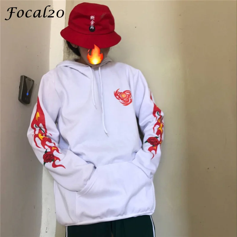 Focal20 Harajuku Осень пламя Роза печати для женщин флисовые толстовки с длинным рукавом