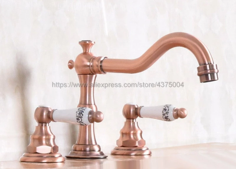 Bathroom Sink Faucet Antique Red Copper Widespread 3pcs Ceramics Handles Basin 3 Holes Mixer Tap Nnf175