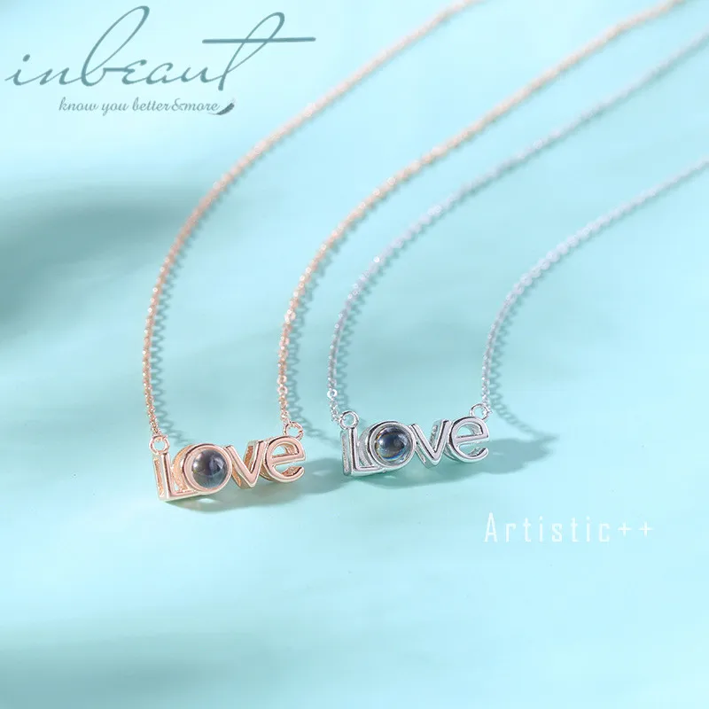 

inbeaut 925 Silver Round Sparkling Moonstone LOVE Shaped Pendant Necklace Female 100 Languages Love You Clavicle Chain for Women