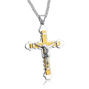 

Two Tone Gold Silver Color Stainless Steel INRI Crucifix Jesus Cross Pendant Necklace for Men Christian Jewerly Father Gift