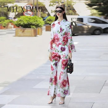 

2018 High Quality Autumn Newest Fashion Turn-down Collar Flare Sleeve Tops + Full Length Flare Pants Flowers Print Suit Women