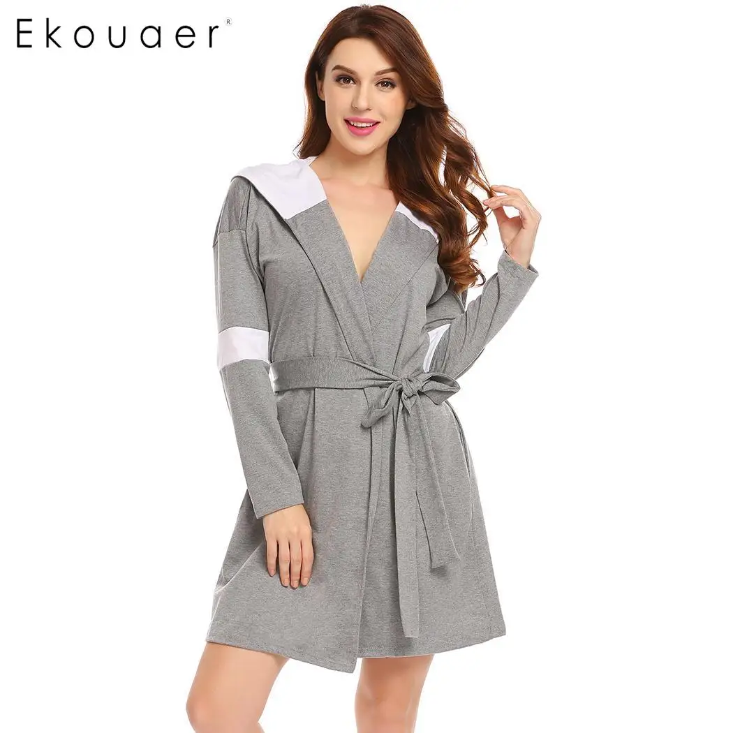 

Ekouaer Women Robes Hooded Bathrobe Sleepwear Dressing Gown Long Sleeve Patchwork Belted Bathroom Spa Robe Female Nighwear