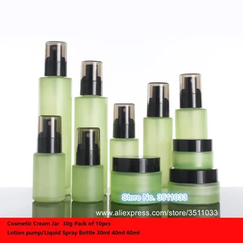 

10pcs High Quality Empty Green Glass Refillable Lotion Pump Bottle Cosmetic Spray Bottle Glass Cream Jar Translucence Black Cap