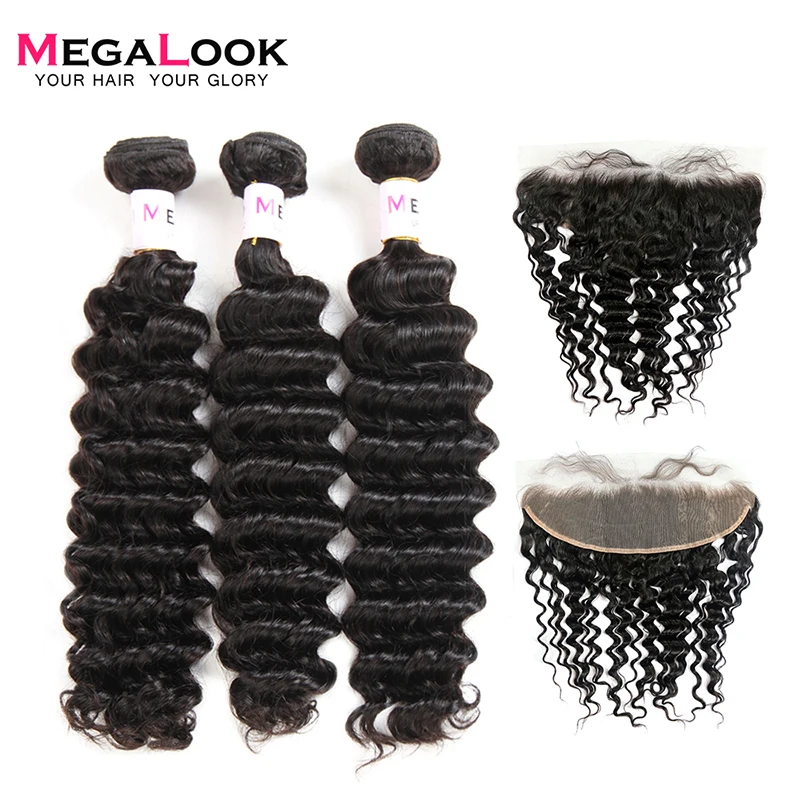 Megalook Peruvian Deep Wave Bundles with Frontal 100% Remy Human Hair Bundles with Lace Front Closure 13X4