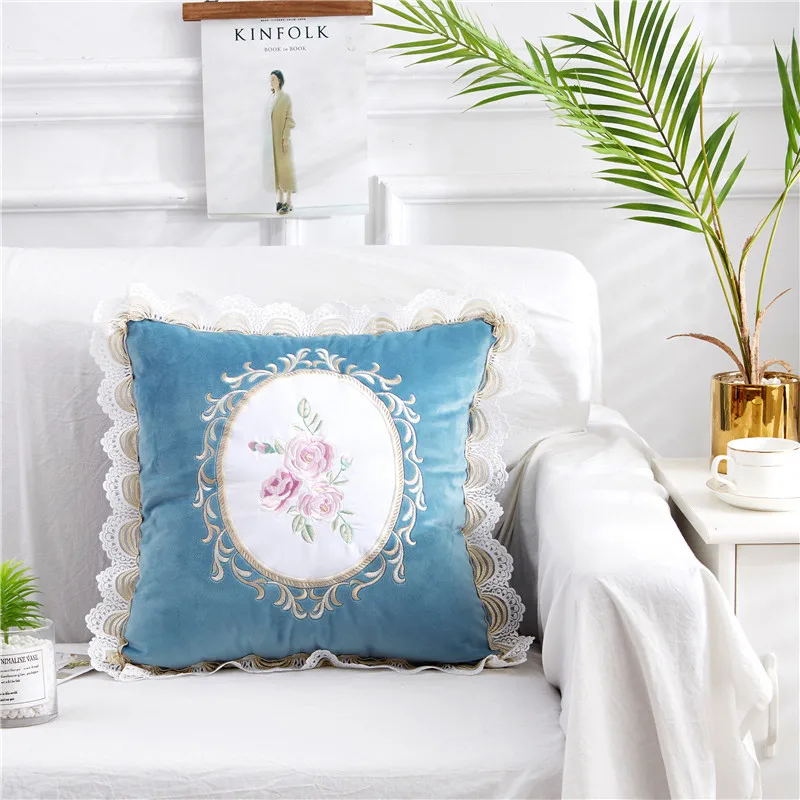 

Floral Embroidery Lace Edge European Vintage Decoration Cushion Cover 45X45cm Velvet Soft Warm Cushion Cover Pillow case Shams