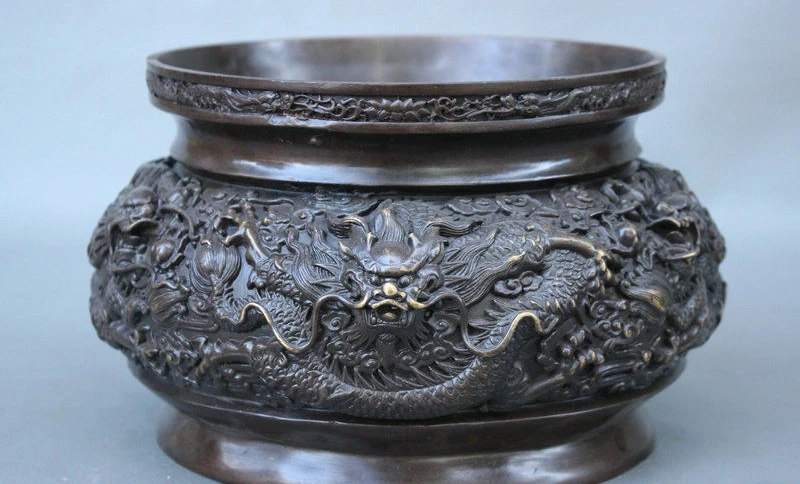 

9" Chinese Buddhism Temple Bronze Dragon Play Bead Statue Incense Burner Censer