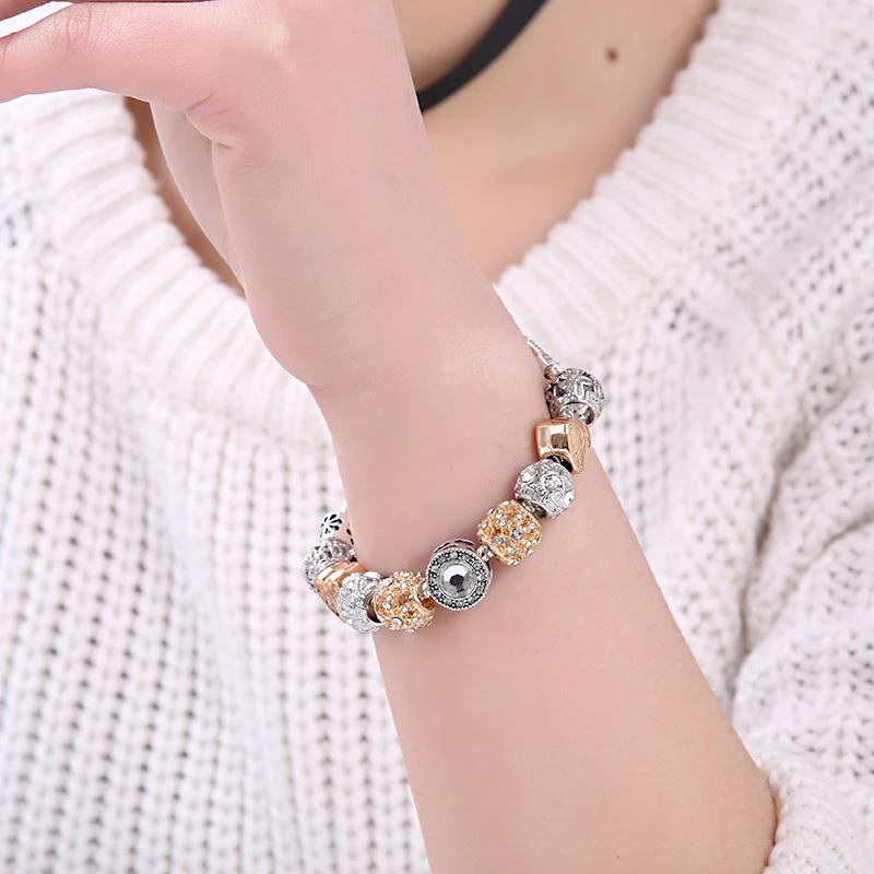 ELESHE European Style Crystal Charms Bracelet For Women With Silver Safety Chain Bracelet Bangle Vintage Jewelry Wedding