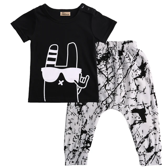 2PCS Toddler Boys Baby Outfits Set Black T shirt Tops+Long Pants Summer