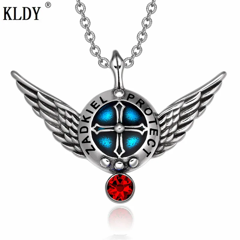 

KLDY Crystal angel wings pendant Necklace for womne Red Stone Amulet feather Pendant Stainless Steel necklaces vintage Jewelry