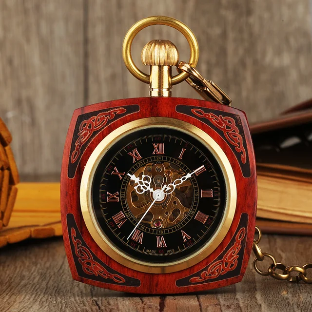 Exquisite Wooden Pocket Watch Unisex Vintage Hand Wind Mechanical Watches Square Exquisite Wooden Pocket Watch Unisex Vintage Hand Wind Mechanical Watches Square