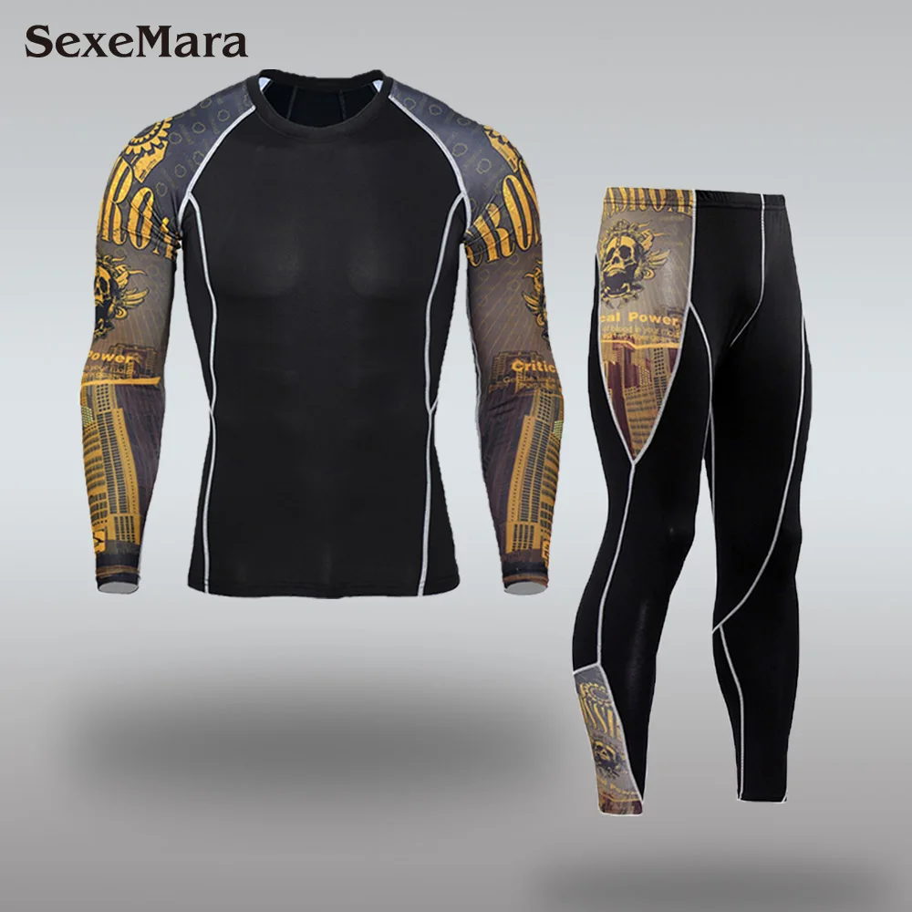 Мужской спортивный комплект для бега, компрессионная футболка+ штаны, облегающая кожу, с длинными рукавами, Рашгард для фитнеса, ММА, тренировочная одежда, спортивный костюм для йоги