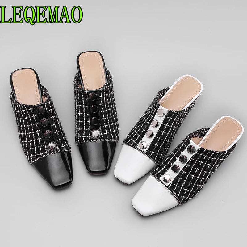 

Shoes Woman Genuine Leather Mules Fashion Designer med heel Shoes Metal Decoration European Casual mules Spring 2019