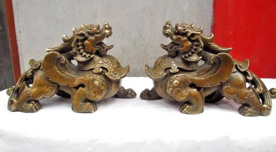 

China Folk Fengshui Bronze Guardian Brave troops Foo Dog Lion Kylin PiXiu Pair