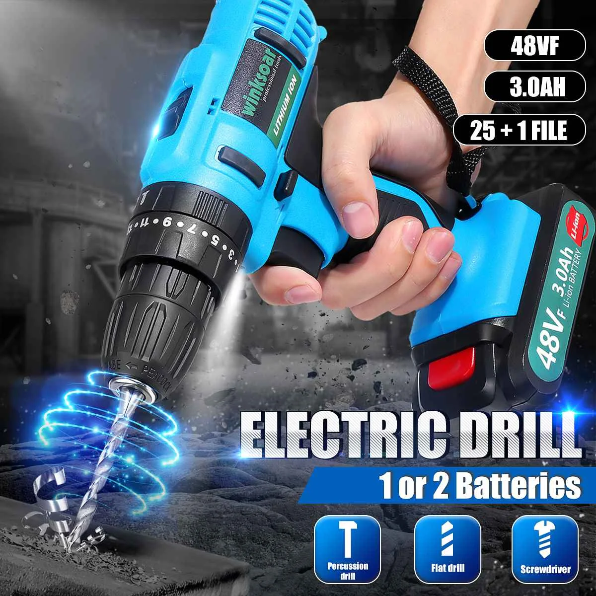 

21V 48VF Electric Screwdriver Cordless Electric Mini Drill 3 Speed Impact Drill 3.0Ah Li-ion Battery Rechargable Power Tool