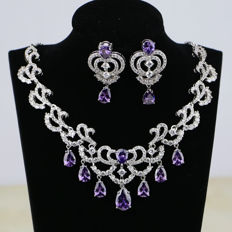 Water Drop Purple Cz White Zircon Women Silver Color Bridal Purple Cz White Zircon Women Silver