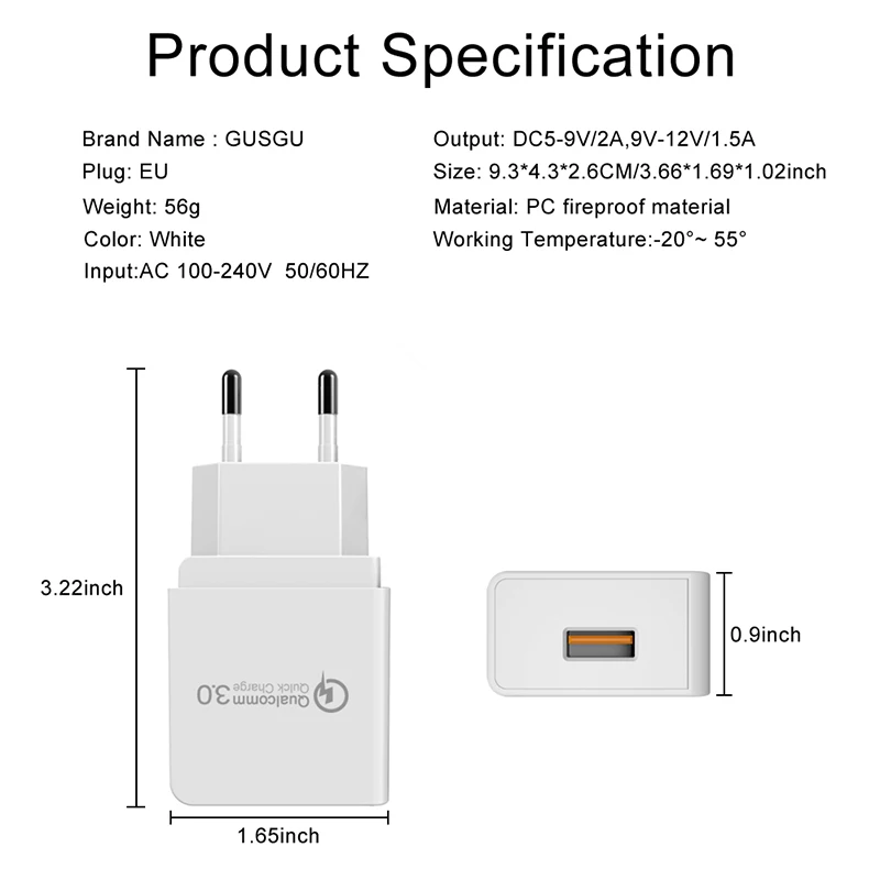 GUSGU зарядное устройство для мобильного телефона 18 Вт USB зарядное устройство для iPhone Быстрая зарядка 3,0 быстрое зарядное устройство USB адаптер для путешествий для huawei samsung LG