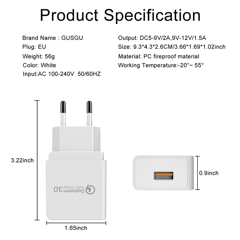GUSGU الهاتف المحمول شاحن 18 واط USB شاحن ل فون سريعة تهمة 3.0 شاحن سريع USB السفر محول لهواوي سامسونج LG
