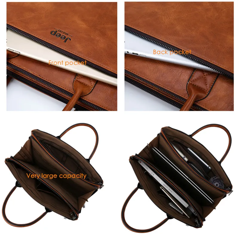 Leather Briefcase JEEP BULUO 14 inch Laptop Business Bags Men Briefcases Set For Handbags Leather Office Large Capacity Bags
