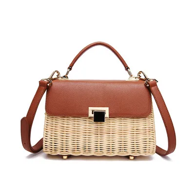 Высококачественная женская сумка ручной работы из ротанга, плетеная натуральная кожа, замша, кожа, украшение, модная сумка-почтальон, ротанговая сумка, деревянная сумка - Цвет: brown