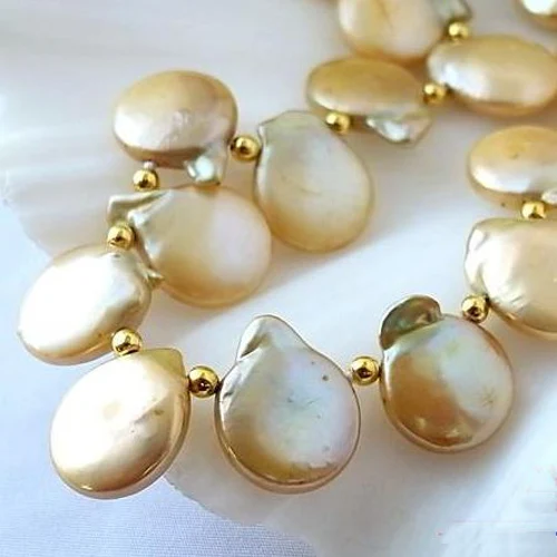 

Perfect Pearl Jewellery.20inches 4-14mm Champagne Coin Freshwater Cultured Pearl Necklace,New Free Shipping