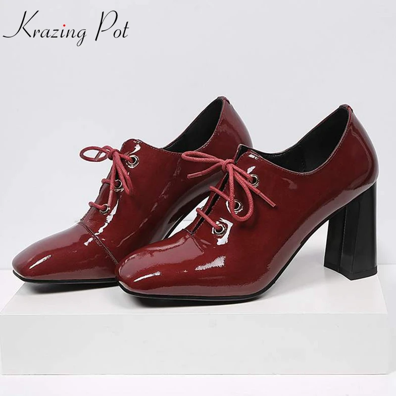 

Krazing Pot genuine leather square toe high heel career brand metal rivets lace up wedding dress dating star solid pumps L2f1