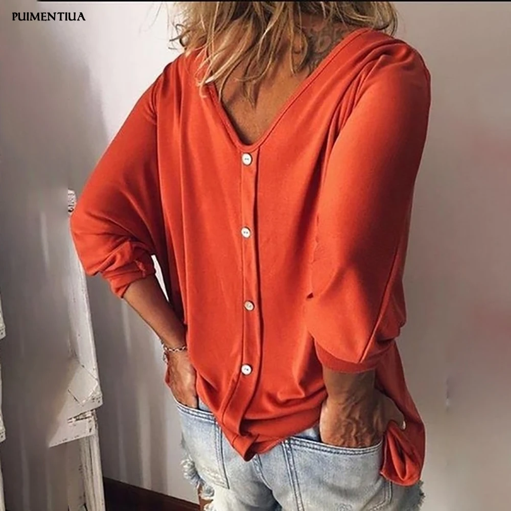 

Puimentiua 2019 Women's Bat Cropped Sleeves V-neck Back Button T-shirt Loose Top Fashion Female Summer Autumn Solid Casual Tee