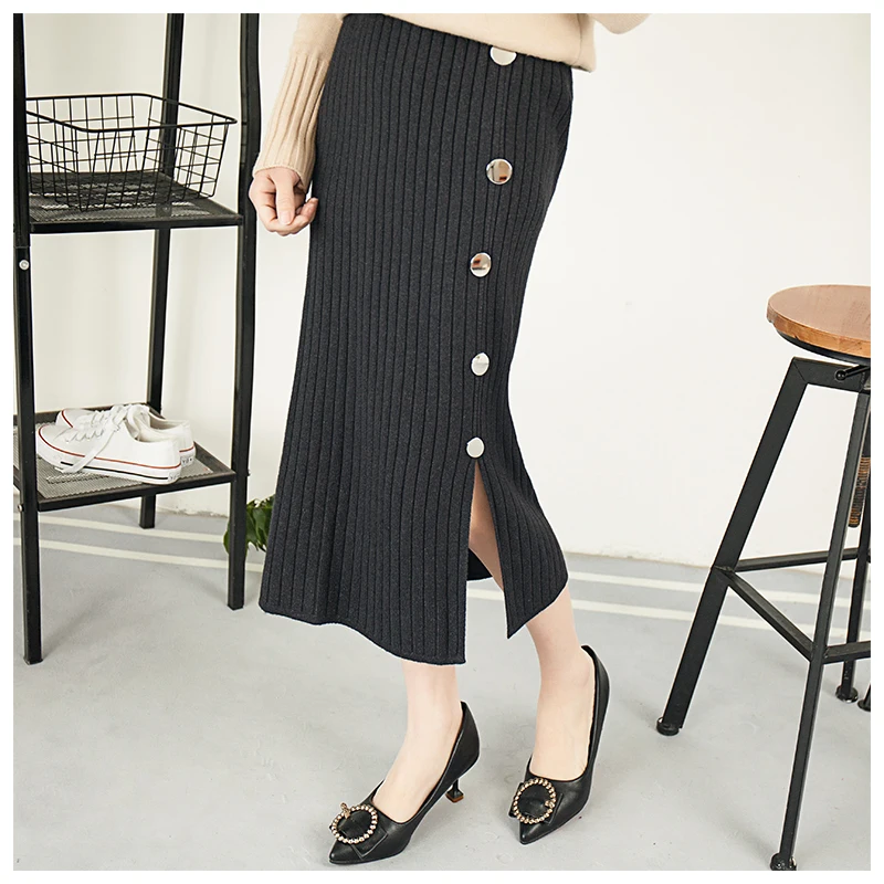 

Hot Sale Button Knitted Women Skirt Pencil Skirt With High Waist Tight Office Skirt Fashion Slim Casual Package Hip Skirt D173