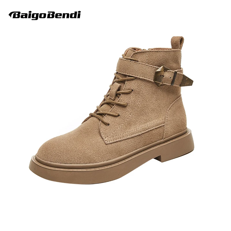 

US Size Woman Buckle Belt Ankle Boots Girls Students Retro Lace Up Mitorcycle Martin Boots Winter Flat Heel Casual Boots