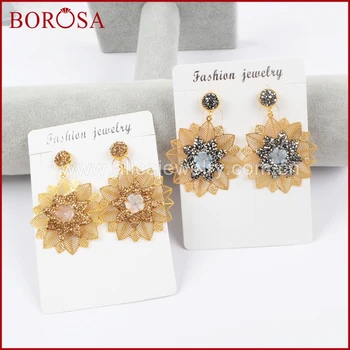 

BOROSA 5Pairs Gold Color Flower Charms Dangle Earrings, Pave Rhinestone Metal Drusy Drop Earrings Jewelry for Women JAB883