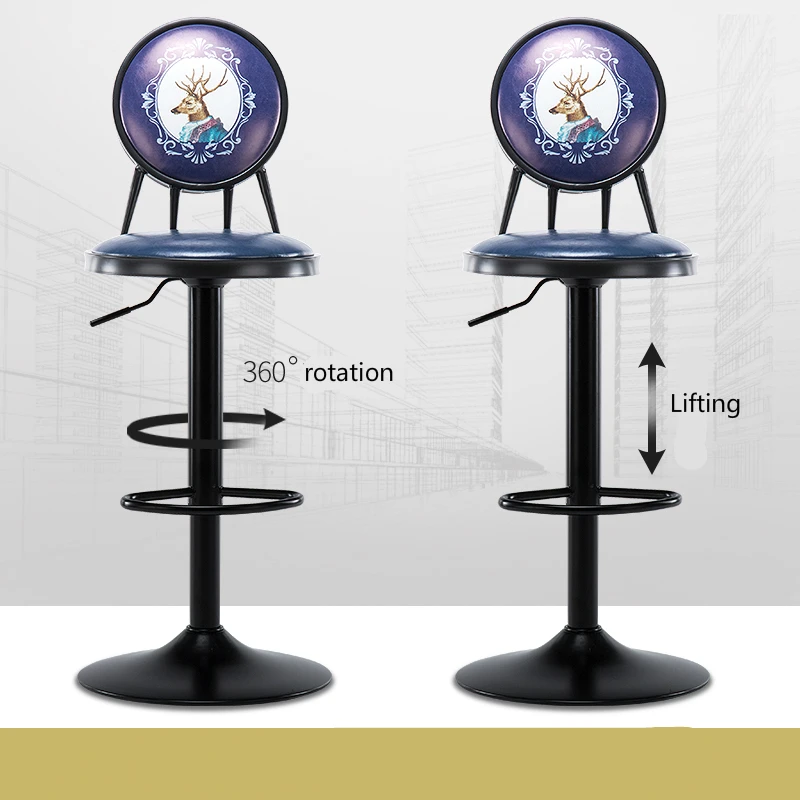 European Style Iron Bar Chair Lifted Rotated Retro Printing High Stool with Backrest Multi-purpose PU Seat Front Desk Chair