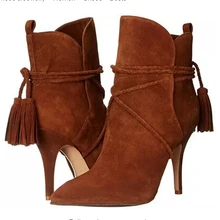 Новая коллекция полусапожки до щиколотки из натуральной коричневой замши на высоком каблуке Дамские ботильоны с острым носком и отделкой бахромой размеры 34–42 праздничная обувь под платье