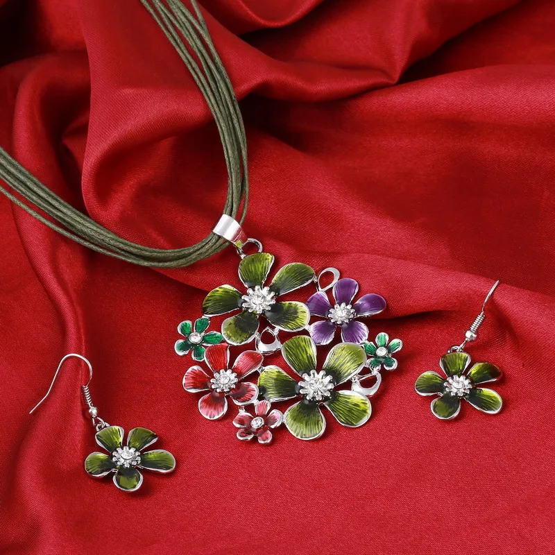 6 цветов модный серебряный цветок кулон ожерелье серьги набор многослойная кожа шифон лента Чокер Ожерелье Ювелирные наборы