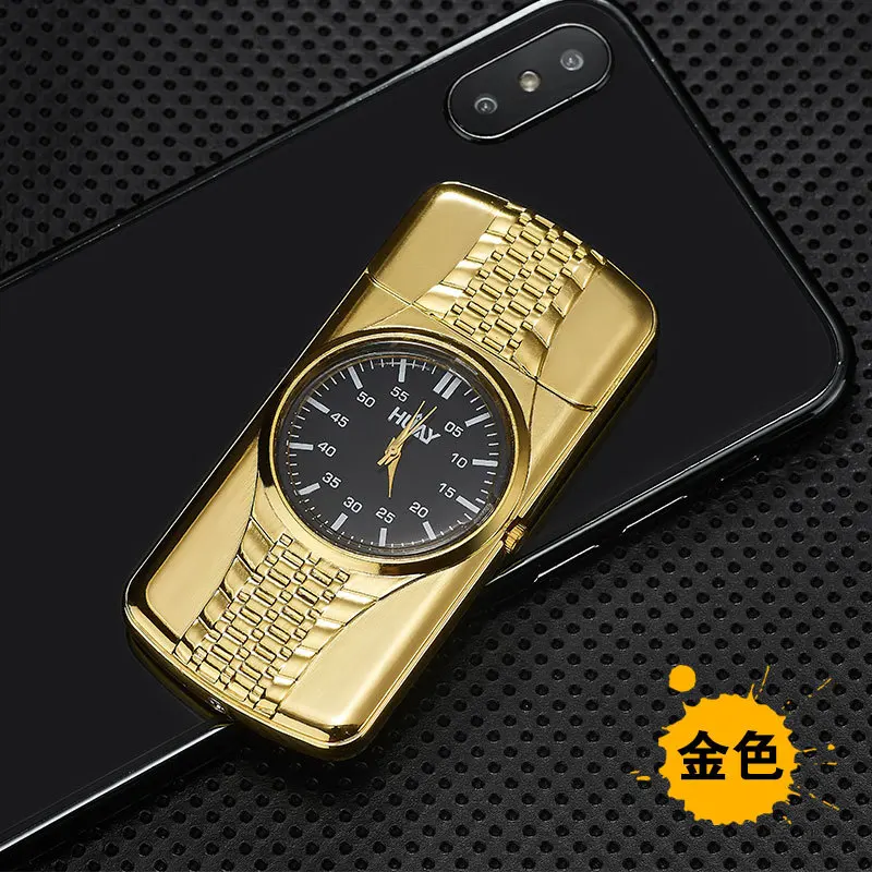 1 шт. Горячая Мода Перезаряжаемый USB светильник часы электронные мужские повседневные кварцевые наручные часы беспламенная зажигалка - Цвет: Gold watch