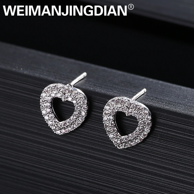 WEIMANJINGDIAN Новое поступление сердце форма кубического циркония CZ Кристалл серьги гвоздики для женщин или свадьбы невесты в белом золотом цветах