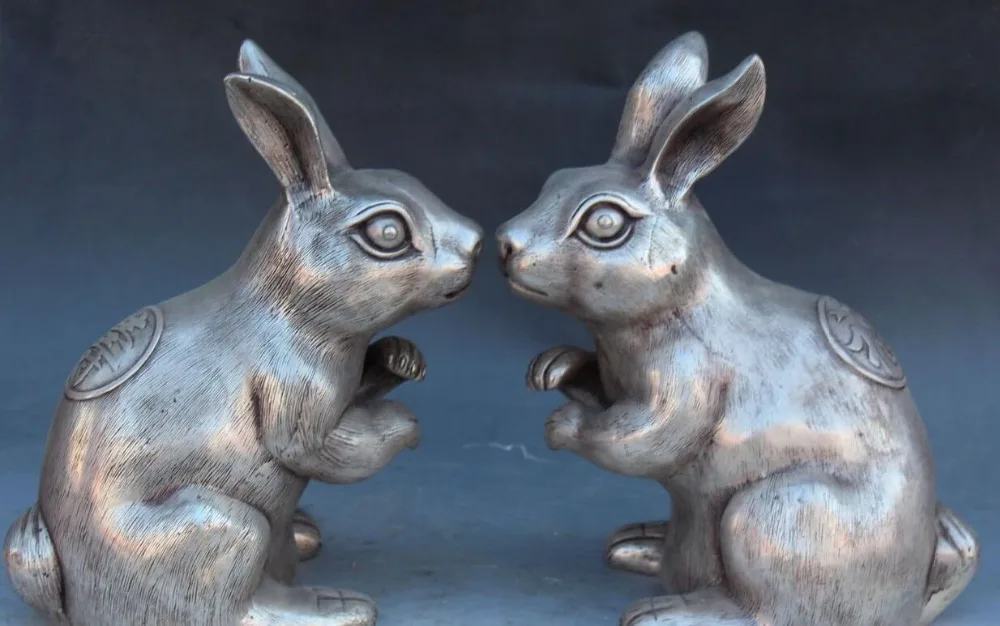 

6710987++10" Chinese Silver Fengshui Folk Animal Zodiac Year Rabbit Rabbits Statue Pair