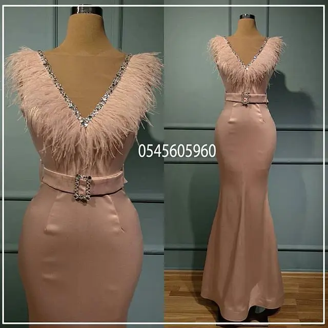 

Muslim Evening Dresses 2019 Mermaid V-neck Feather Elegant Islamic Dubai Saudi Arabic Long Formal Evening Gown