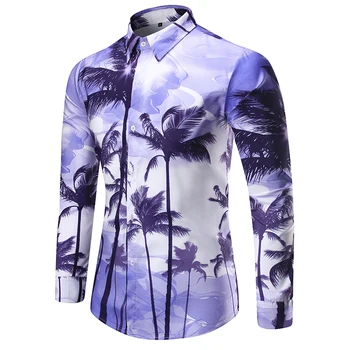 

Brand 2018 Fashion Male Shirt Long-Sleeves Tops New Fashion Youth 3D Printed Coconut Trees Mens Dress Shirts Slim Men Shirt