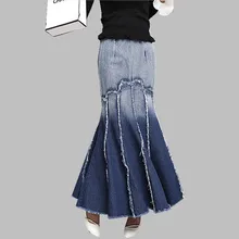 HAMALIEL Лето русалка джинсовая мини-юбка для женщин; Большие размеры оборками кисточкой Bodycon Джинсы Юбки Высокая Талия юбки для девочек S-5XL