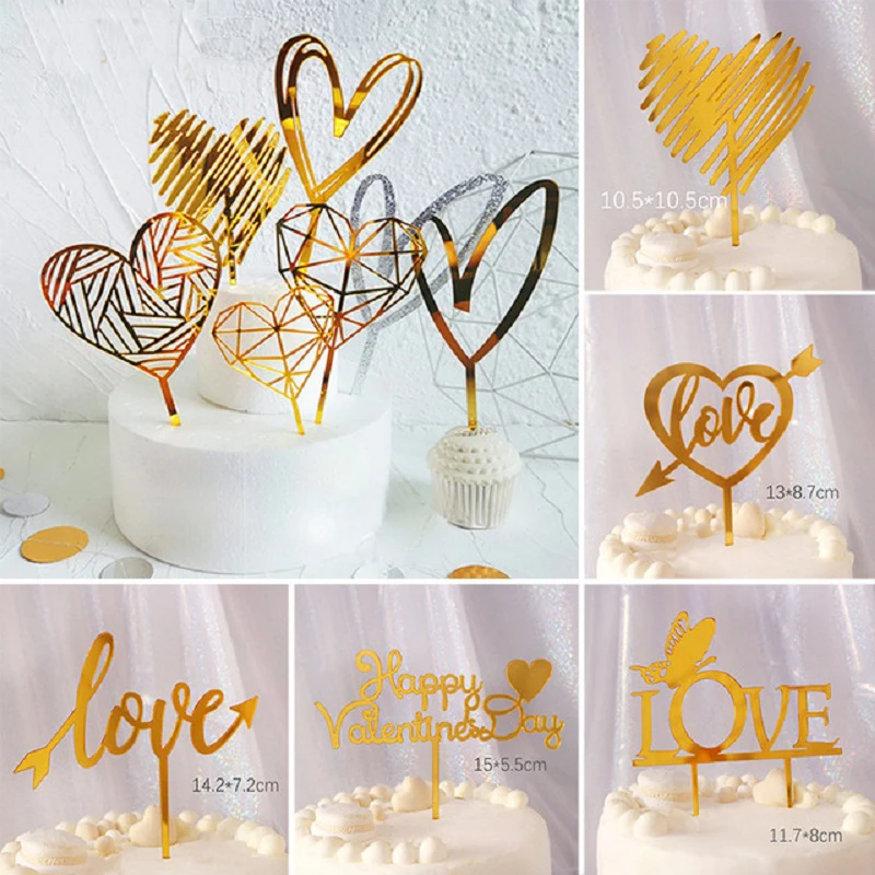 Valentine's Day Gold Acrylic Birthday Decoration Cake Topper lovers Marriage Top Happy Wedding Party Supplies Gift | Дом и сад
