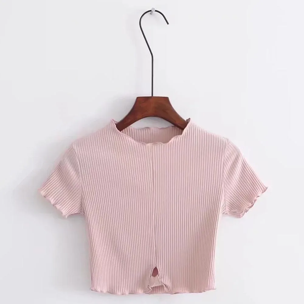 

FIRSTTO Sweet Short Sleeve O-Neck Pullover Wood Ears T-Shirt Slim Fashion Women Hollow Out Tied Hem Short Crop Tee Tops 7 Colors