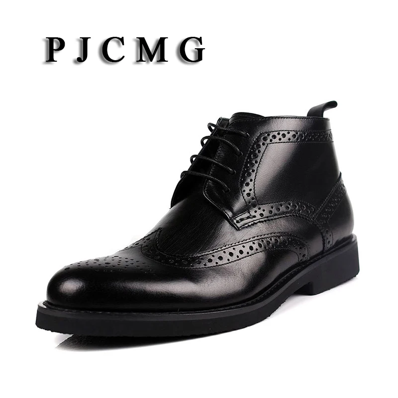 

PJCMG Winter Wool Carved High Genuine Leather Men's Warm Cotton-Padded Snow Bullock Patterns Oxford Dress For Men Boots