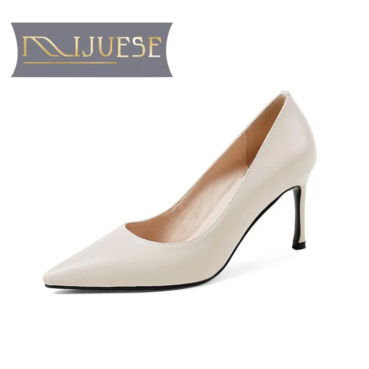 

MLJUESE 2018 new pumps Genuine leather cow leather slip on shallow autumn spring pointed toe high heels size34-39