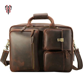 

TIANHOO multifunctional Shoulder bags 17 inch laptop handle bag man retro crazy horse leather luggage organizer bag