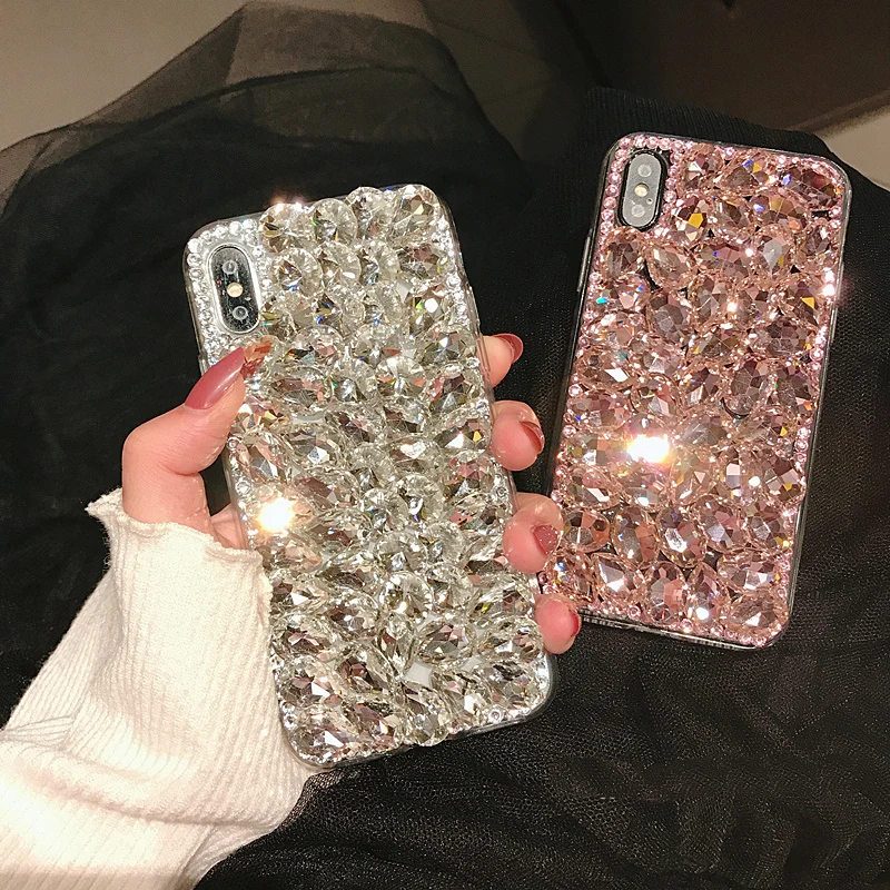 

For HuaWei Honor 8 9 Note 10 lite 20 6C Pro 7C 8C 5X 6X 7X 8X Max 6A 7A 8A Play V10 V20 Pink Big Rhinestone Case Diamond Cover