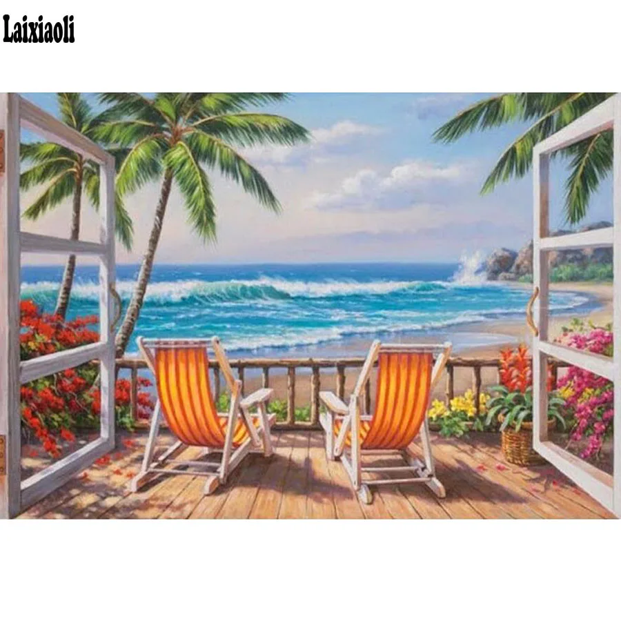 

New 5D DIY Diamond Painting Window beach Scenic Embroidery Full Square Diamond Cross Stitch Rhinestone Mosaic Painting decor